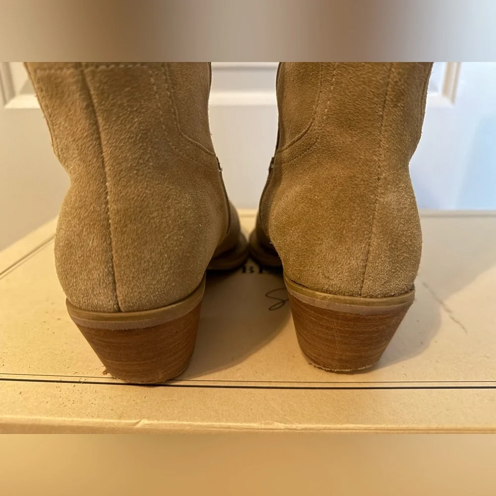 Grace Gift X Samantha Lin Leather V-Cut Western Block Heel Long Boots Beige 23.5 - Picture 10 of 16